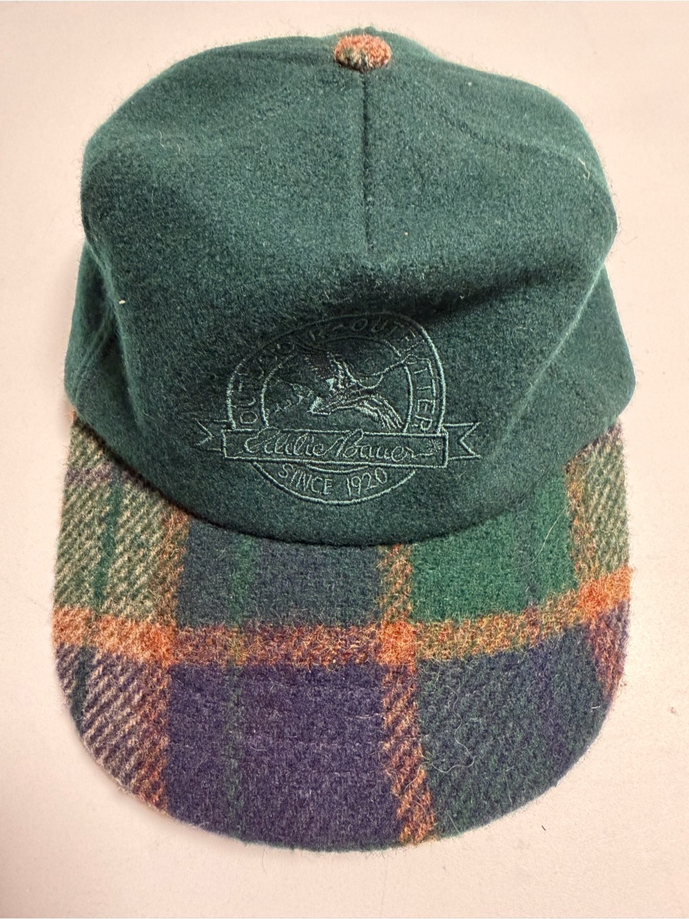 Vintage Eddie Bauer Dark Green Wool Cap with Plaid Brim USA made
